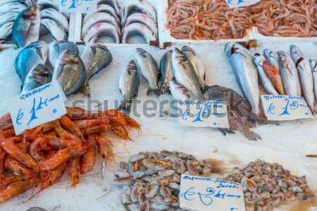 Shrimps, fish and seafood for sale Stock photo © elxeneize