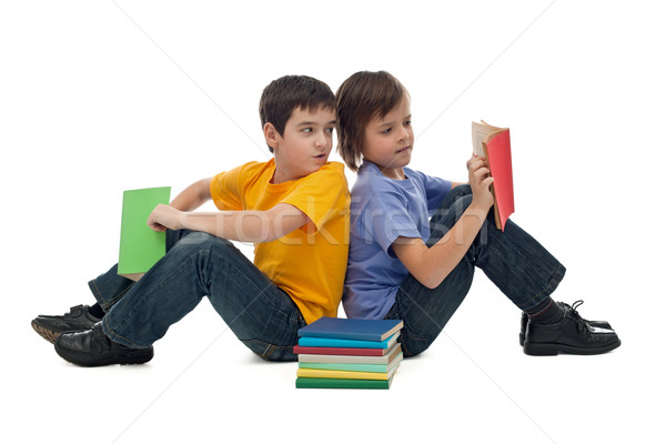 два мальчики чтение книгах счастливым сидят Сток-фото © emese73
