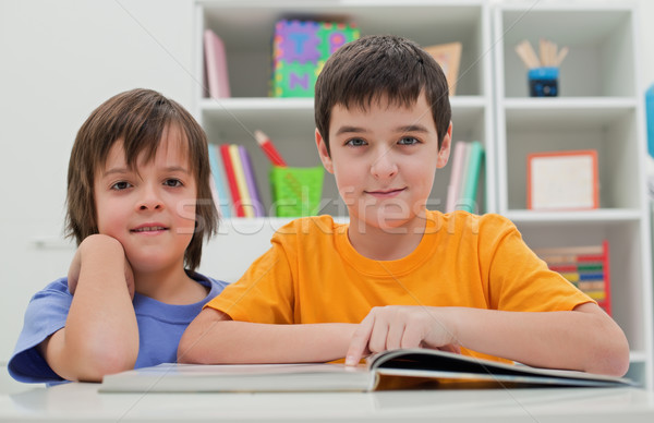 Lecture ensemble deux heureux garçons livre [[stock_photo]] © emese73