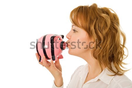 Femme baiser jeune femme rose tirelire main [[stock_photo]] © emese73