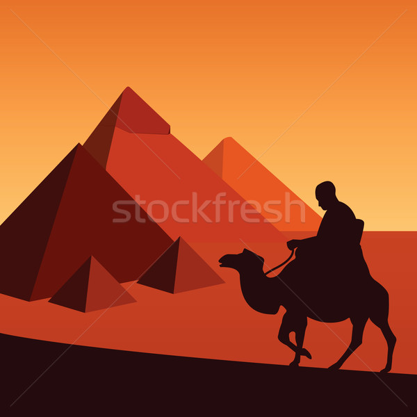 Egypte piramides woestijn mannen zonsopgang standbeeld Stockfoto © emirsimsek