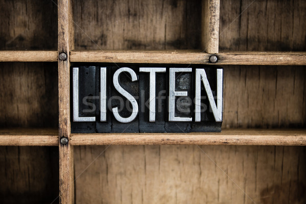 Listen Concept Metal Letterpress Word in Drawer Stock photo © enterlinedesign