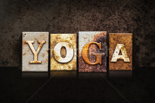 Yoga Buchdruck dunkel Wort geschrieben rostigen Stock foto © enterlinedesign