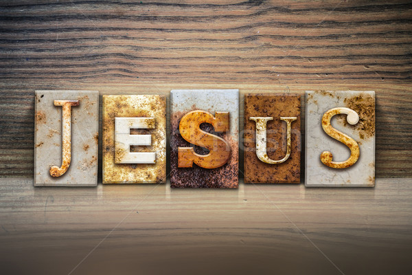 Stock foto: Jesus · Buchdruck · Name · geschrieben · rostigen · Metall