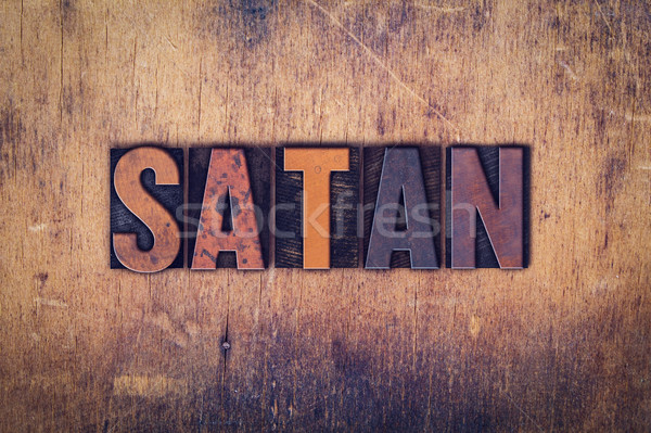 Sátán fából készült magasnyomás szó írott Stock fotó © enterlinedesign