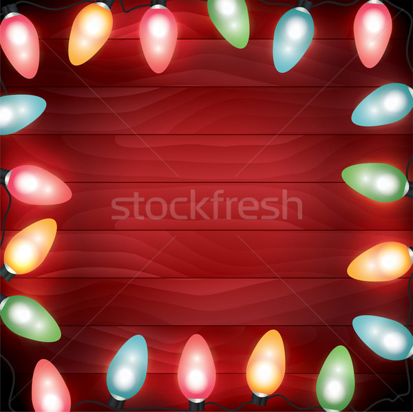 Colorful Christmas Lights on Red Wooden Background Illustration Stock photo © enterlinedesign