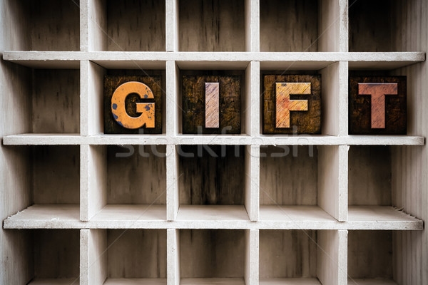 Gift Concept Wooden Letterpress Type in Draw Stock photo © enterlinedesign