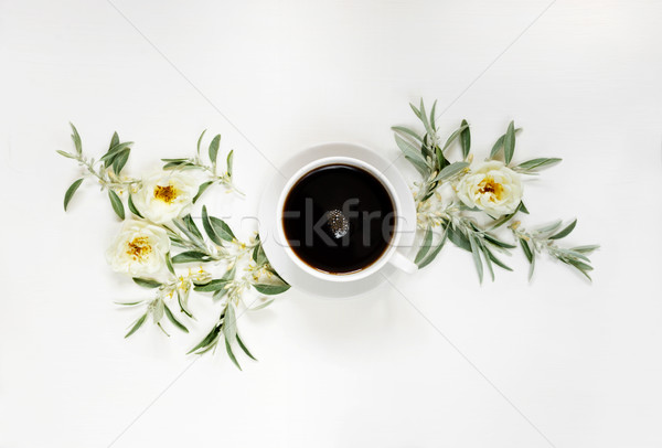 Stock foto: Morgen · Kaffee · weiß · Rosen · Tasse