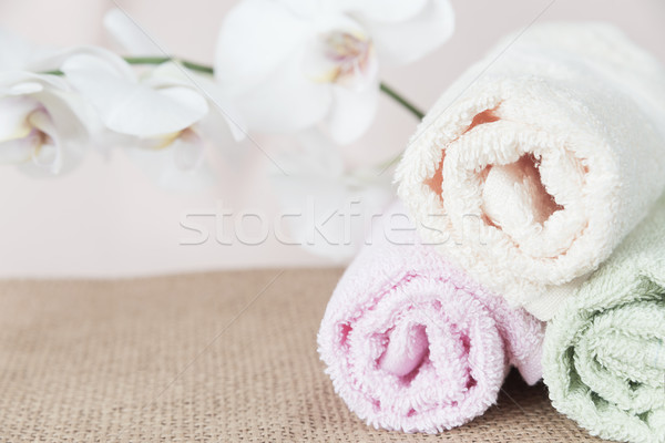 Tratament balnear spa baie prosoape ramură alb Imagine de stoc © Epitavi