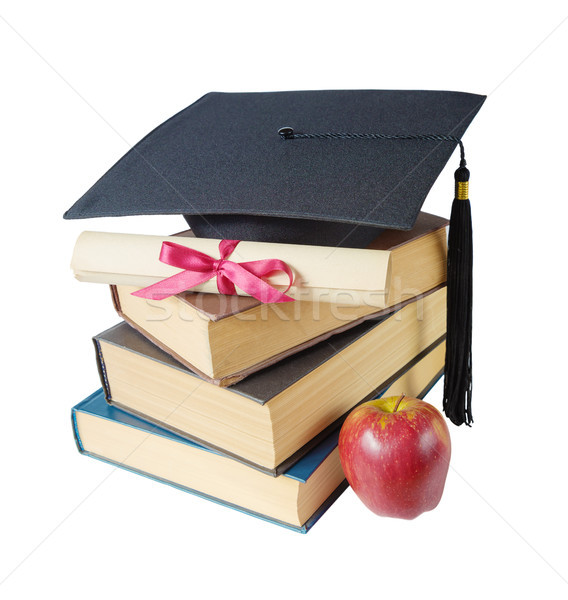 [[stock_photo]]: Diplômé · chapeau · livres · pomme · défiler · noir