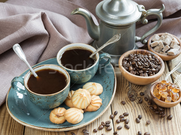 Zdjęcia stock: Kawy · herbatniki · dwa · niebieski · kawa · czarna