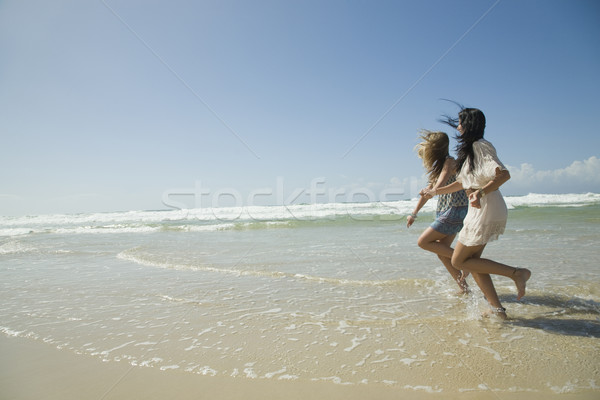 Kettő nővérek fut tengerpart kéz a kézben víz Stock fotó © epstock