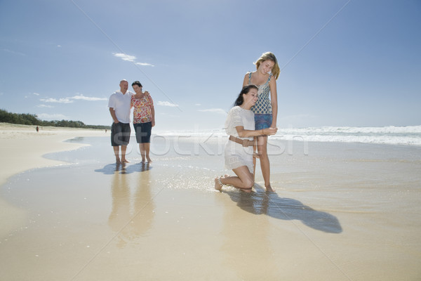 sisters looking at shell on beach with parents in background Stock photo © epstock