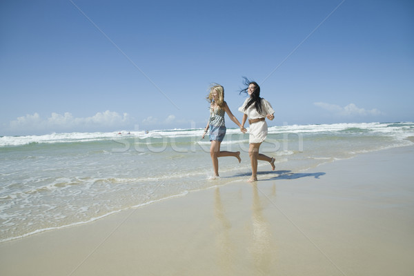 Zwei Schwestern läuft Strand Hand in Hand Wasser Stock foto © epstock