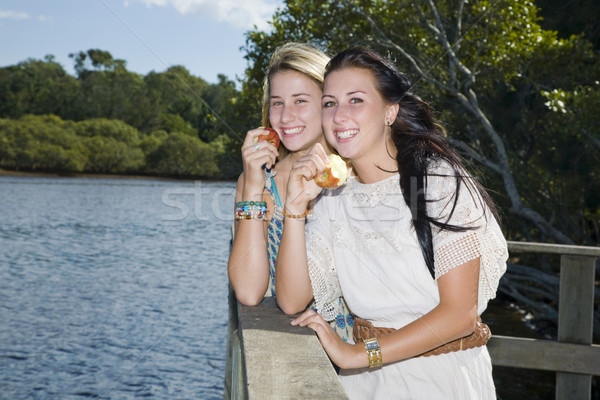 Foto stock: Dois · meninas · alimentação · maçãs · enseada