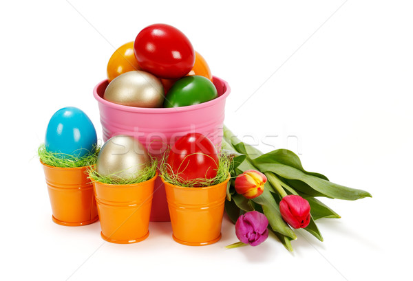Stock photo: Easter eggs and tulips