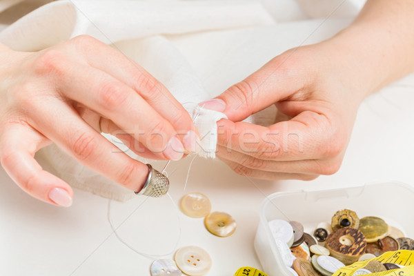 Nő varr ruházat utasítás tű szövet Stock fotó © erierika