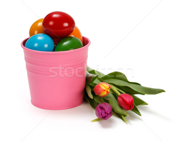 復活節彩蛋 鬱金香 繪 粉紅色 錫 桶 商業照片 © erierika