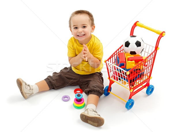 Stock foto: Glücklich · wenig · Junge · spielen · neue · Spielzeug