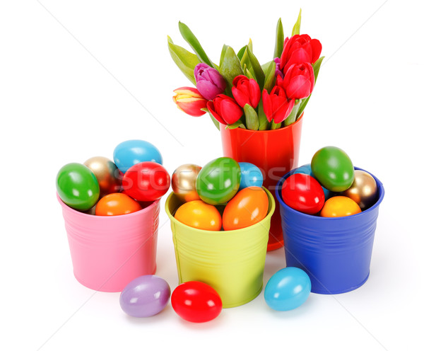 Huevos de Pascua estaño colorido ramo tulipanes Foto stock © erierika