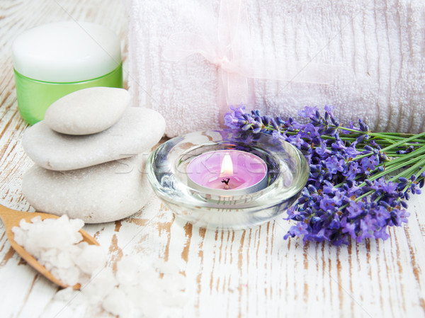 Wellness produktów Świeca lawendy krem masażu Zdjęcia stock © Es75