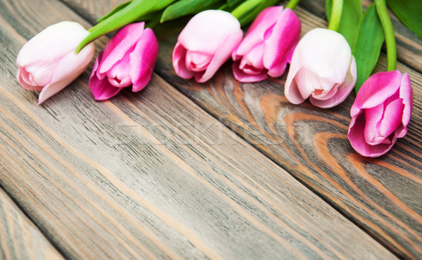 Grenze rosa Tulpen Holz Frühling Hintergrund Stock foto © Es75