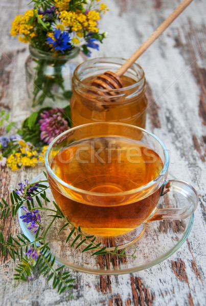 Beker thee honing bloemen oude houten Stockfoto © Es75