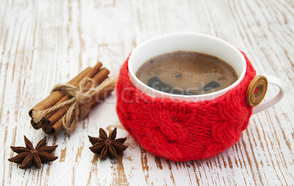 Tasse gestrickt Gewürze Holz Kaffee weiß Stock foto © Es75