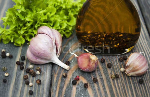 Öl Knoblauch Holz Gesundheit Hintergrund Tabelle Stock foto © Es75