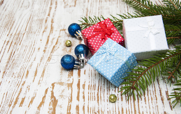 Foto stock: Natal · árvores · caixas · de · presente · festa