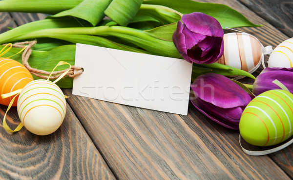 Stock fotó: Húsvét · húsvéti · tojások · tulipánok · szalag · virágok · fa