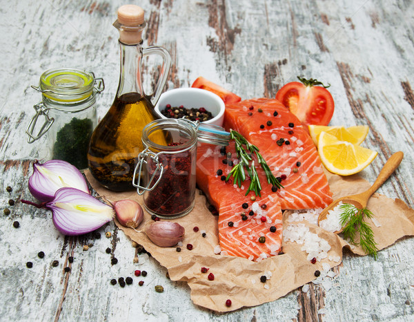 Stock foto: Frischen · Lachs · Filet · aromatischen · Kräuter · Gewürze