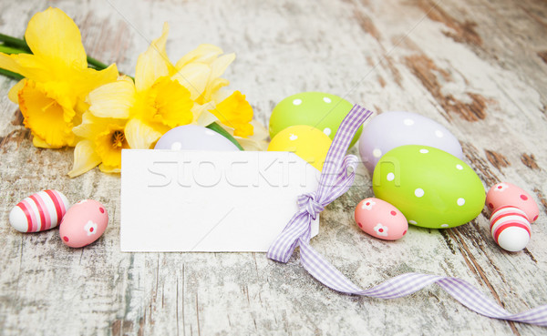 Easter Eggs żonkile kartkę z życzeniami Wielkanoc tle zielone Zdjęcia stock © Es75