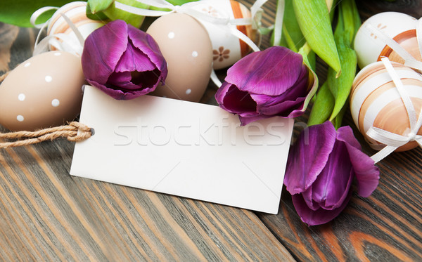 Пасху пасхальных яиц тюльпаны лента цветы цветок Сток-фото © Es75