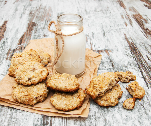 Haferflocken Cookies Milch alten Holz Hintergrund Stock foto © Es75