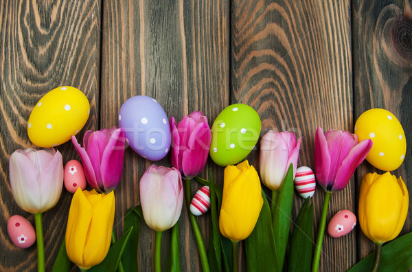 Stock foto: Farbenreich · Tulpen · Ostereier · Grenze · alten · Holz