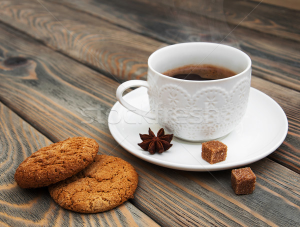 Tasse Kaffee Haferflocken Cookies Holz Hintergrund Stock foto © Es75
