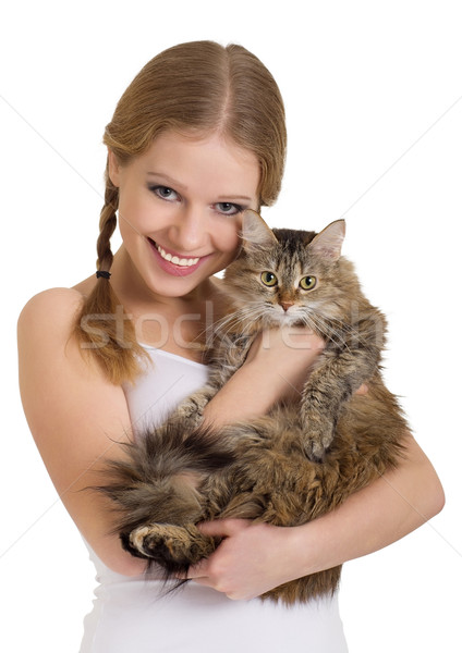 Stock photo: pretty girl with a fluffy cat