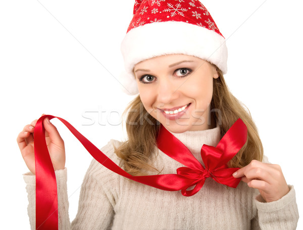 Natale ragazza rosso arco bianco sorriso Foto d'archivio © evgenyatamanenko