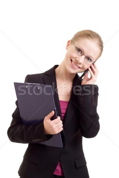 [[stock_photo]]: Femme · d'affaires · parler · téléphone · portable · blanche · téléphone · téléphone