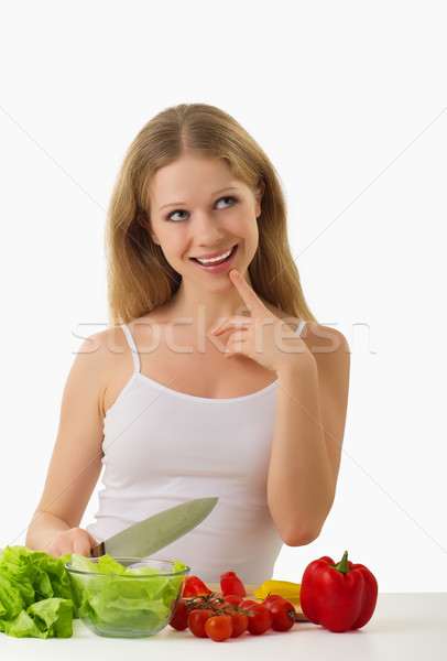 Boldog lány vegetáriánus étel zöldségek jókedv boldog fiatal nő Stock fotó © evgenyatamanenko