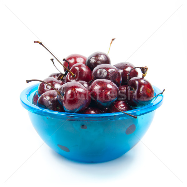 Stock foto: Frischen · Kirschen · Schüssel · isoliert · weiß · grünen