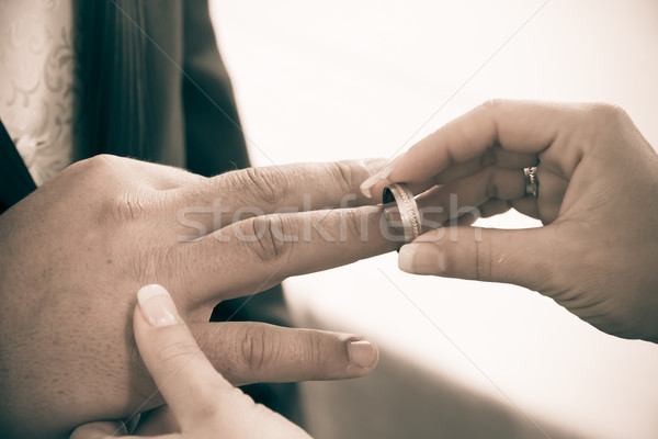 Wedding rings. Closeup of hands of bridal couple with wedding ri Stock photo © EwaStudio