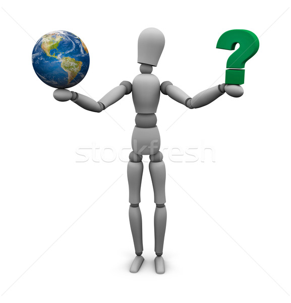 Stock photo: Person holding a green question mark in one hand and Earth in th