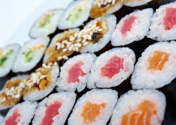 Stock photo: Roll made salmon, eel, tuna, vegetables