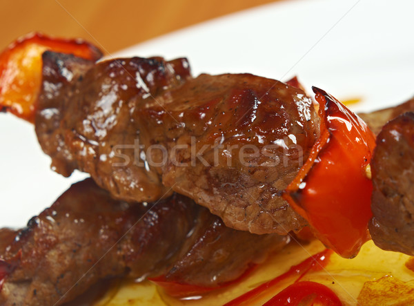 Foto stock: Brocheta · ternera · pimientos · primer · plano