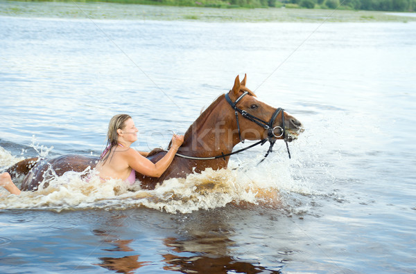 [[stock_photo]]: Femme · natation · étalon · rivière · jeune · femme · nature