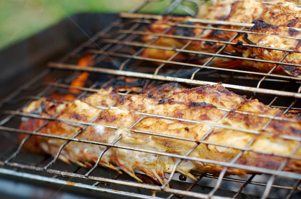  grilling sea fishes on campfire grate Stock photo © fanfo