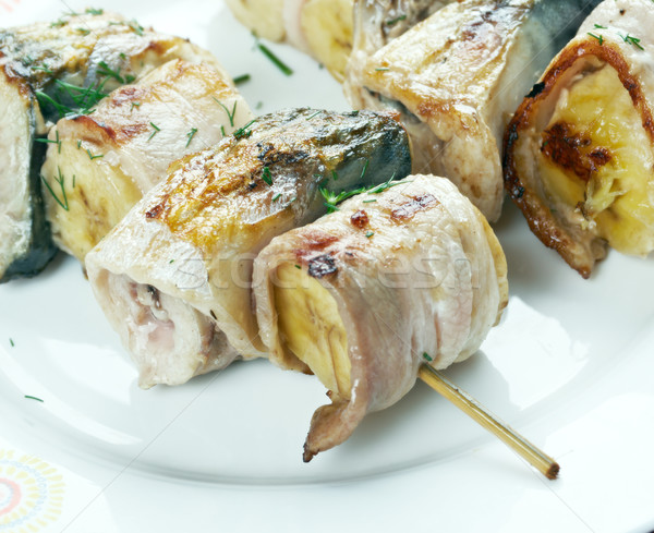 kebabs mackerel, banana and bacon Stock photo © fanfo
