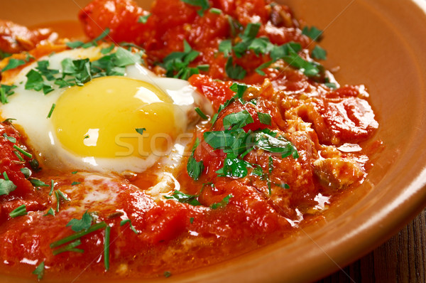 Gericht Eier Sauce Tomaten Chilischoten Zwiebeln Stock foto © fanfo